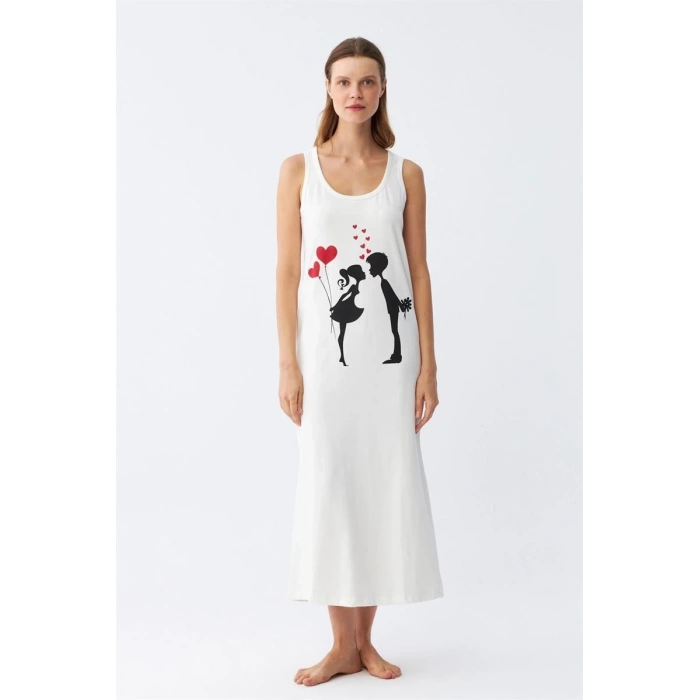 MİRAY- Kadın Kalın Askılı Penye Uzun Ekru Gecelik