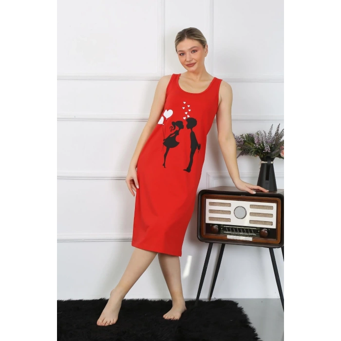 MİRAY- Kadın Kalın Askılı Penye Uzun Kırmızı Gecelik