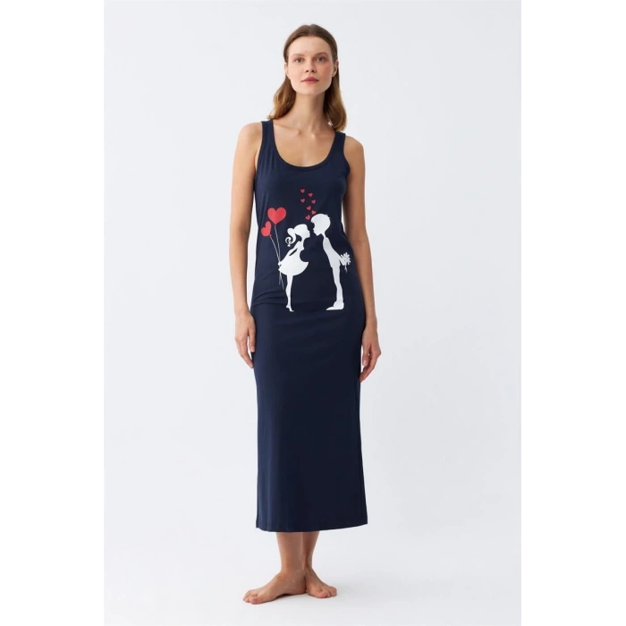 MİRAY- Kadın Kalın Askılı Penye Uzun Lacivert Gecelik