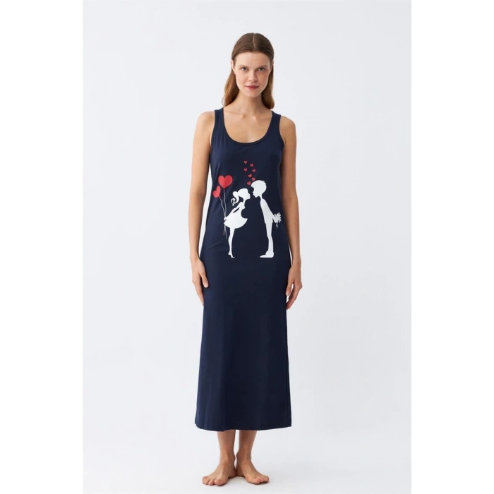 MİRAY- Kadın Kalın Askılı Penye Uzun Lacivert Gecelik