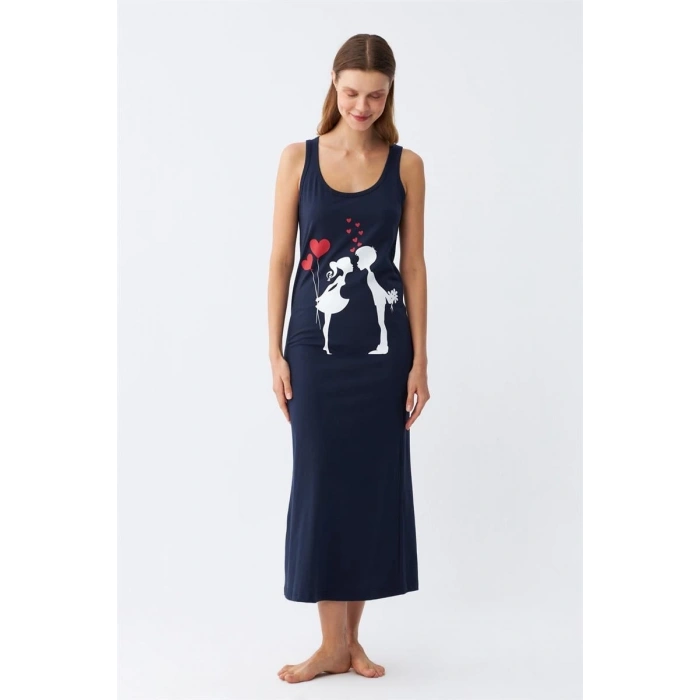 MİRAY- Kadın Kalın Askılı Penye Uzun Lacivert Gecelik