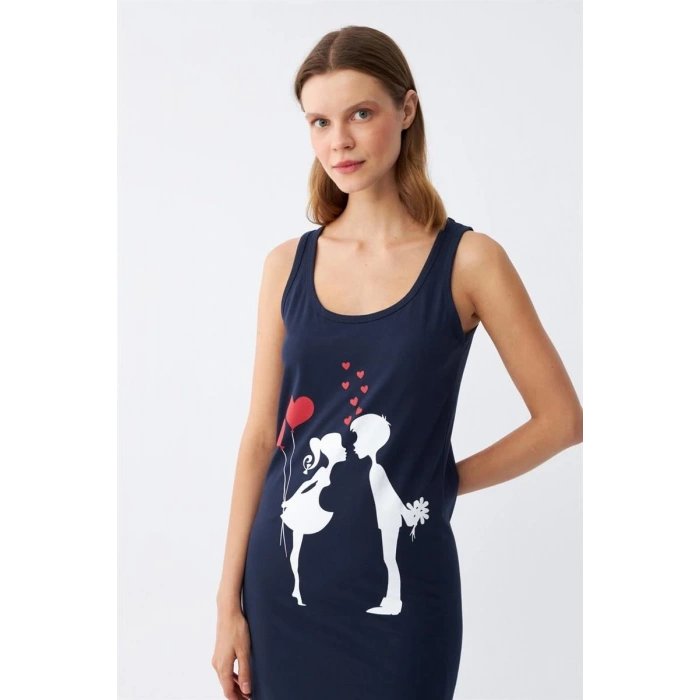 MİRAY- Kadın Kalın Askılı Penye Uzun Lacivert Gecelik