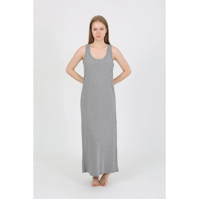 MİRAY- Kadın Kalın Askılı Yırtmaçlı Uzun Gri Gecelik