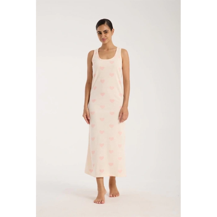 MİRAY- Kadın Kalın Askılı Yırtmaçlı Uzun Pudra Gecelik