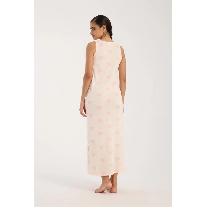 MİRAY- Kadın Kalın Askılı Yırtmaçlı Uzun Pudra Gecelik