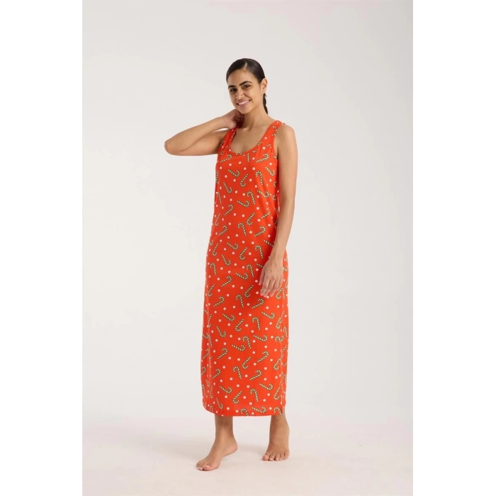 MİRAY- Kadın Kalın Askılı Yırtmaçlı Uzun Turuncu Gecelik