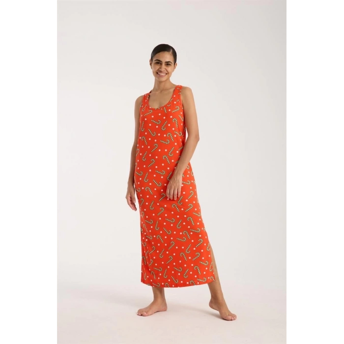 MİRAY- Kadın Kalın Askılı Yırtmaçlı Uzun Turuncu Gecelik