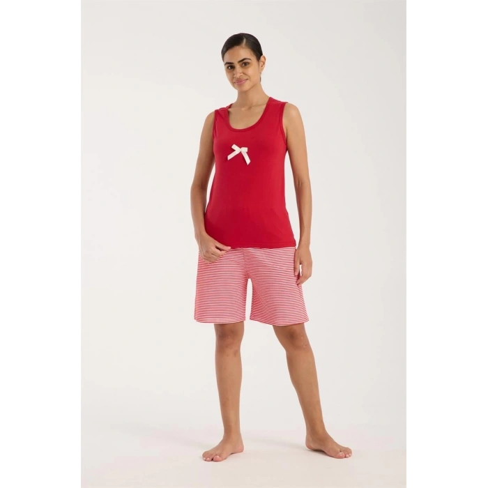 MİRAY- Kadın Kırmızı Kurdele Detaylı Çizgili Şortlu Pijama Takımı