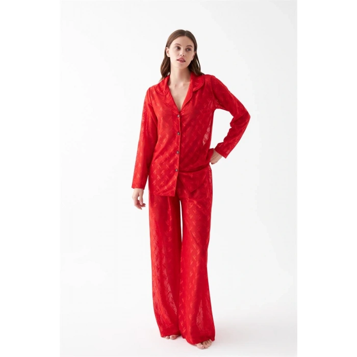 MİRAY- Kadın Kırmızı Şeffaf Jakar Düğmeli Pijama Takımı