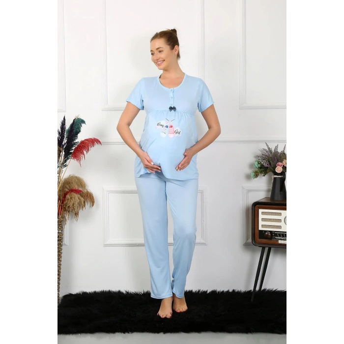 MİRAY- Kadın Kısa Kol Hamile Lohusa Pijama Takımı Mavi