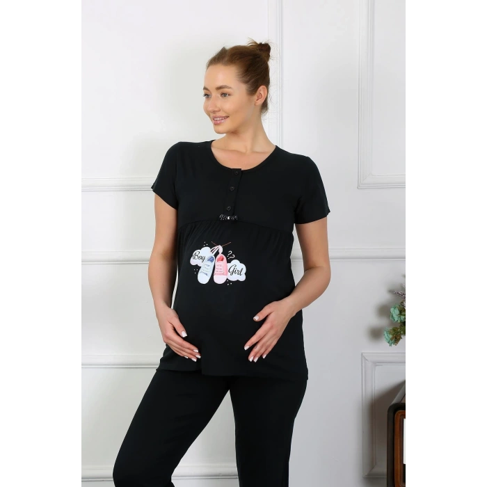 MİRAY- Kadın Kısa Kol Hamile Lohusa Pijama Takımı Siyah