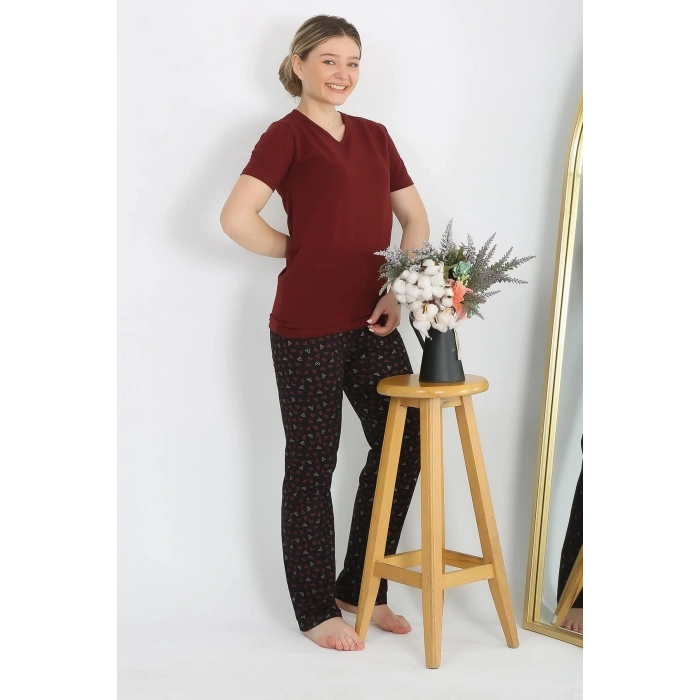MİRAY- Kadın Kısa Kol Pamuk Penye Pijama Takım Bordo