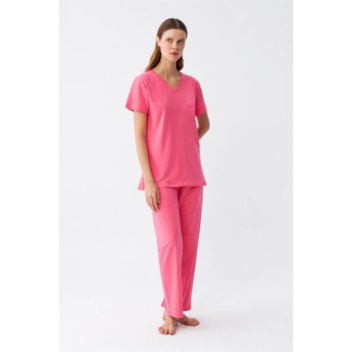 MİRAY- Kadın Kısa Kol Pamuk Penye Pijama Takım Fuşya