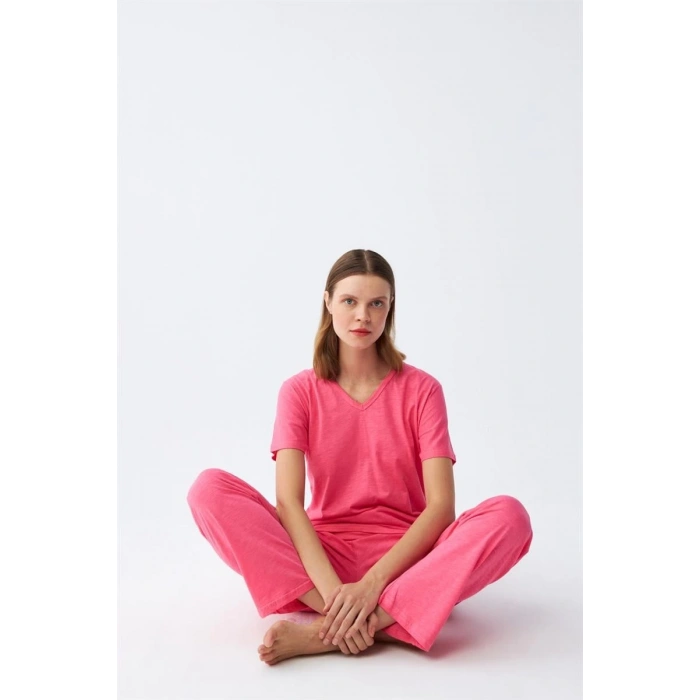 MİRAY- Kadın Kısa Kol Pamuk Penye Pijama Takım Fuşya