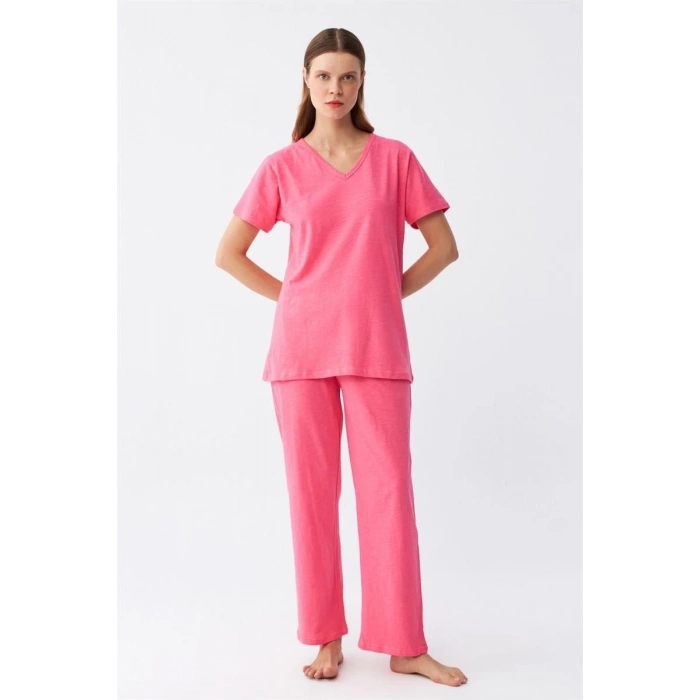 MİRAY- Kadın Kısa Kol Pamuk Penye Pijama Takım Fuşya