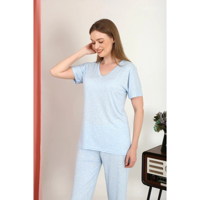 MİRAY- Kadın Kısa Kol Pamuk Penye Pijama Takım Mavi