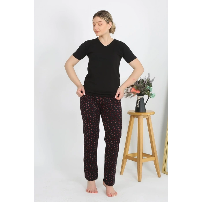 MİRAY- Kadın Kısa Kol Pamuk Penye Pijama Takım Siyah