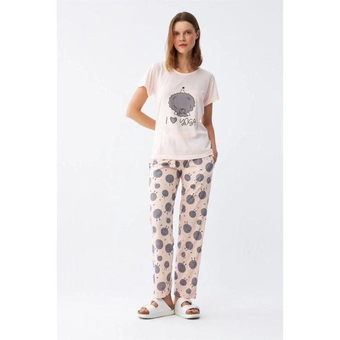 MİRAY- Kadın Kısa Kol Pijama Takım Pudra