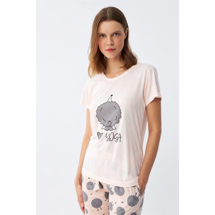 MİRAY- Kadın Kısa Kol Pijama Takım Pudra