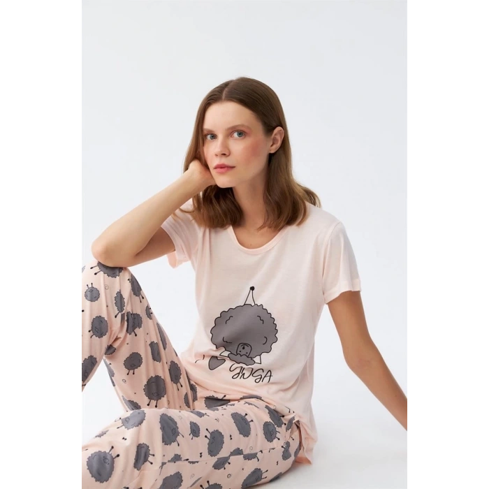 MİRAY- Kadın Kısa Kol Pijama Takım Pudra