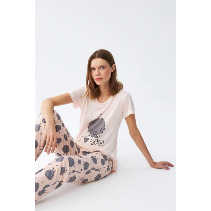 MİRAY- Kadın Kısa Kol Pijama Takım Pudra