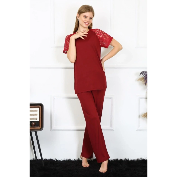MİRAY- Kadın Kolu Dantelli Penye Pijama Takım Bordo