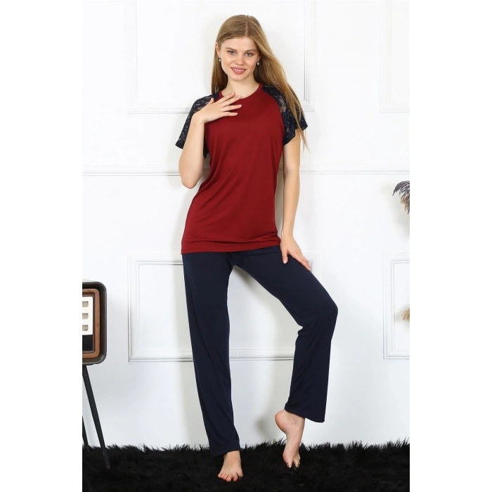 MİRAY- Kadın Kolu Dantelli Penye Pijama Takım Bordo