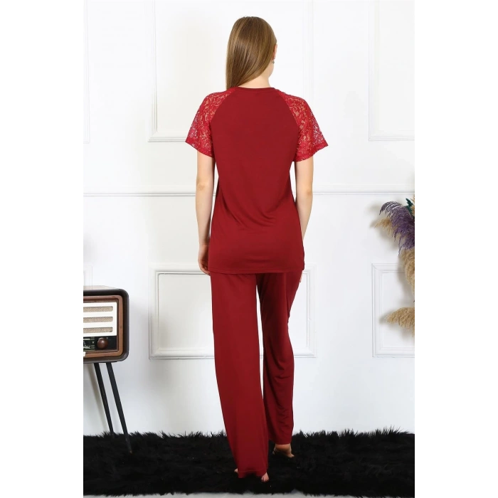 MİRAY- Kadın Kolu Dantelli Penye Pijama Takım Bordo