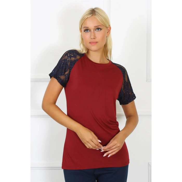 MİRAY- Kadın Kolu Dantelli Penye Pijama Takım Bordo