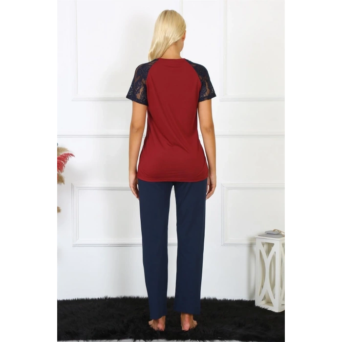MİRAY- Kadın Kolu Dantelli Penye Pijama Takım Bordo