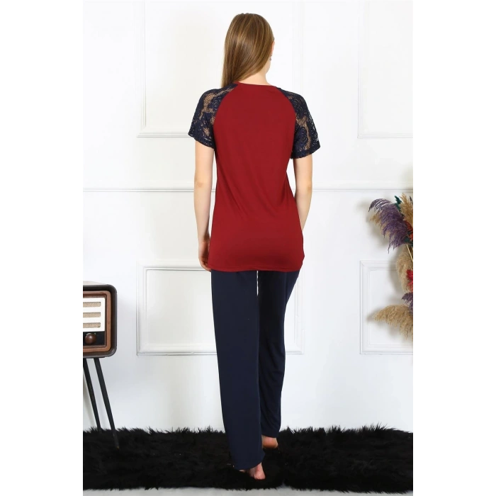 MİRAY- Kadın Kolu Dantelli Penye Pijama Takım Bordo