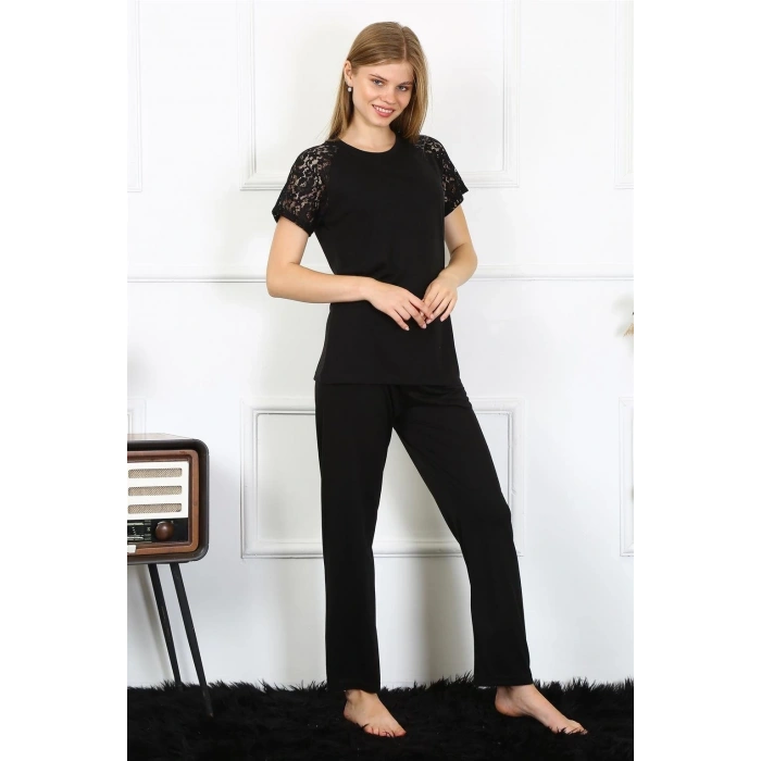 MİRAY- Kadın Kolu Dantelli Penye Pijama Takım Siyah