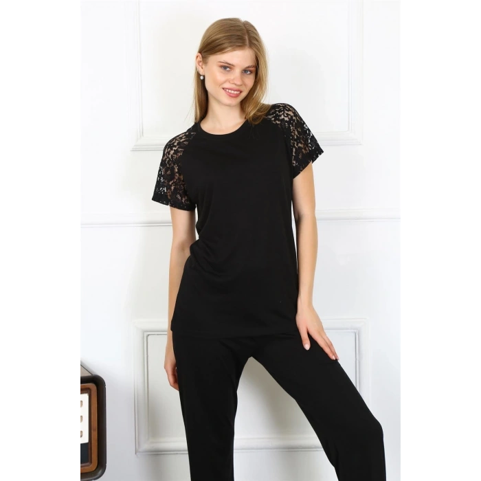 MİRAY- Kadın Kolu Dantelli Penye Pijama Takım Siyah