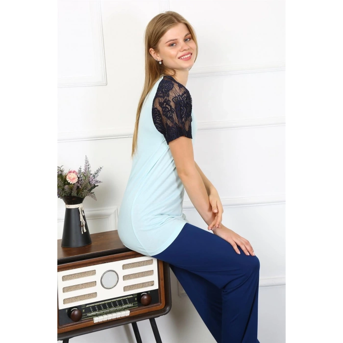 MİRAY- Kadın Kolu Dantelli Penye Pijama Takım Su Yeşili