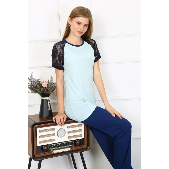 MİRAY- Kadın Kolu Dantelli Penye Pijama Takım Su Yeşili