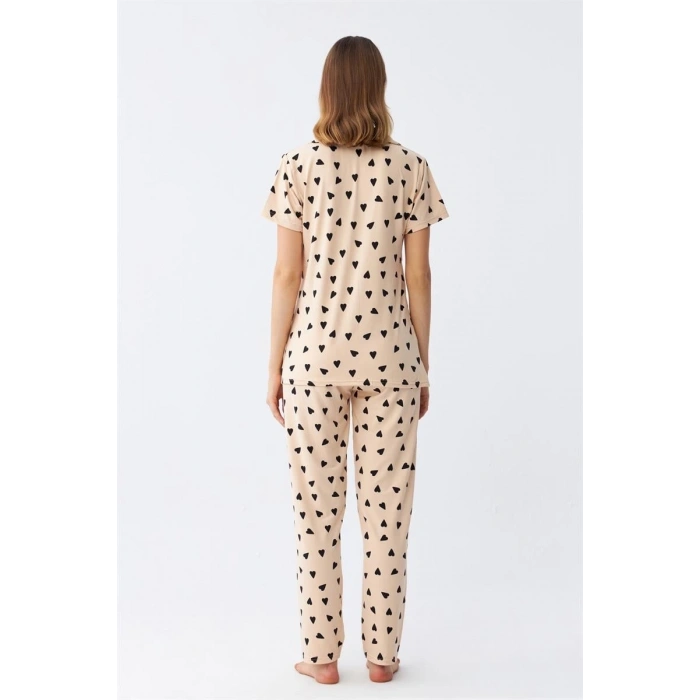 MİRAY- Kadın Krem Rengi Kalp Desenli Önden Düğmeli Pijama Takımı
