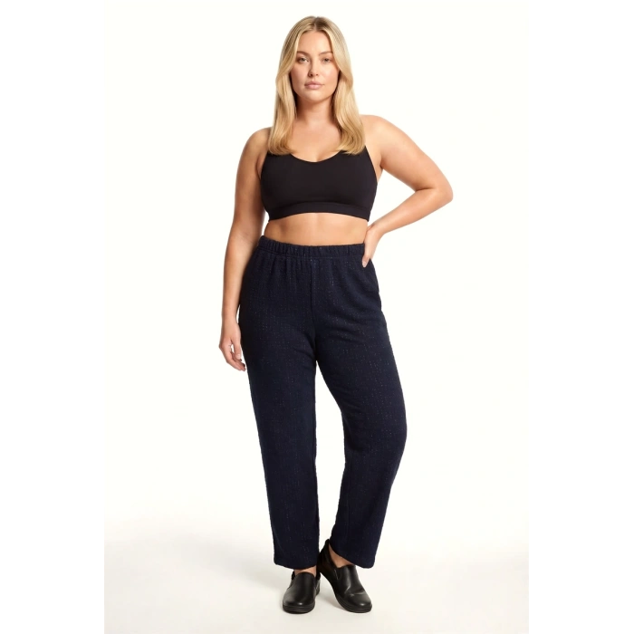 MİRAY- Kadın Lacivert Dokulu Büyük Beden Cepli Pijama Altı Rahat Kesim Esnek Bel Günlük Ev Giyim Alt