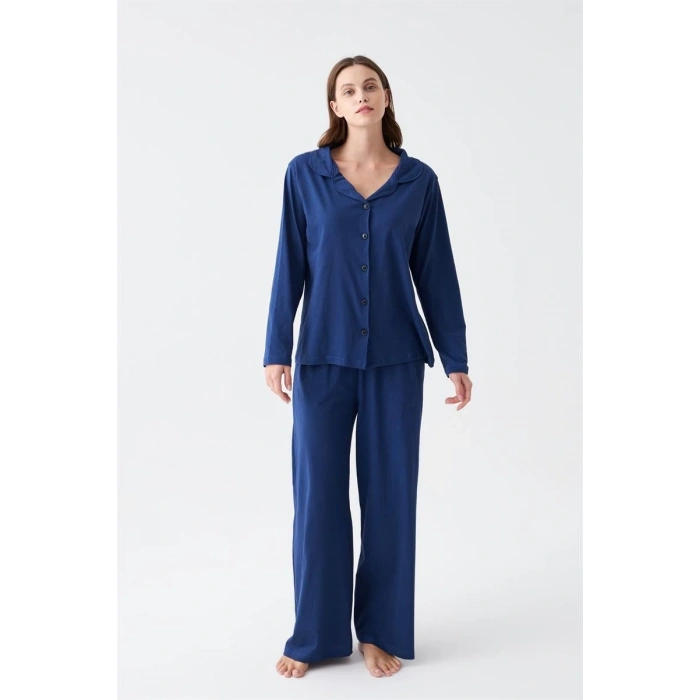 MİRAY- Kadın Lacivert Düğmeli Yaka Detaylı Pamuklu Pijama Takımı