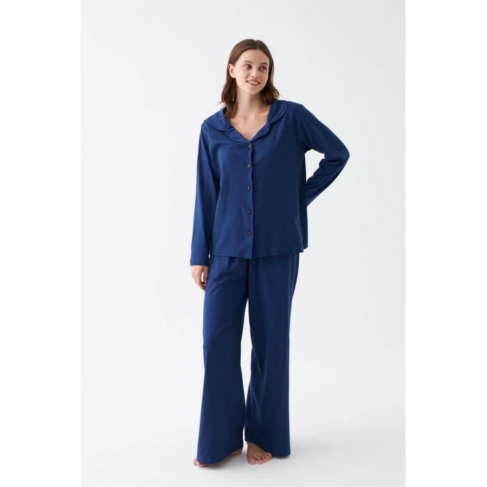 MİRAY- Kadın Lacivert Düğmeli Yaka Detaylı Pamuklu Pijama Takımı