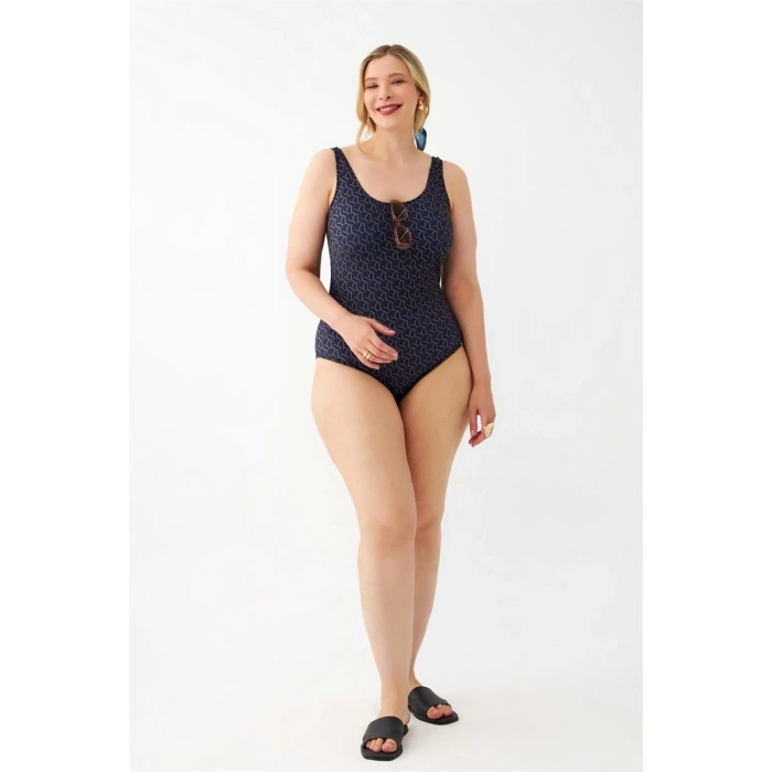 MİRAY- Kadın Lacivert Geometrik Desenli Büyük Beden Tek Parça Mayo