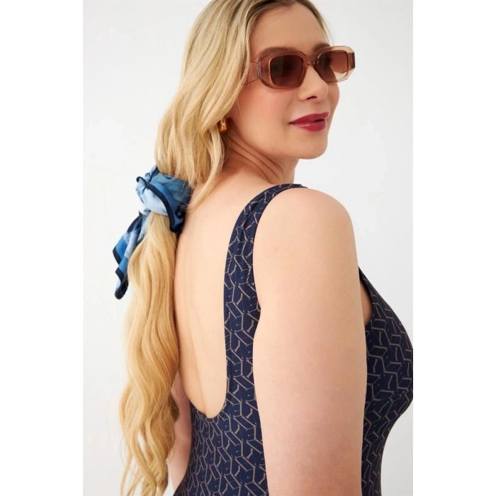 MİRAY- Kadın Lacivert Geometrik Desenli Büyük Beden Tek Parça Mayo