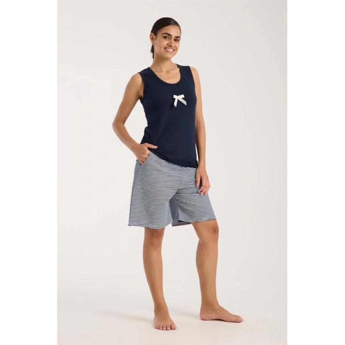 MİRAY- Kadın Lacivert Kurdele Detaylı Çizgili Şortlu Pijama Takımı