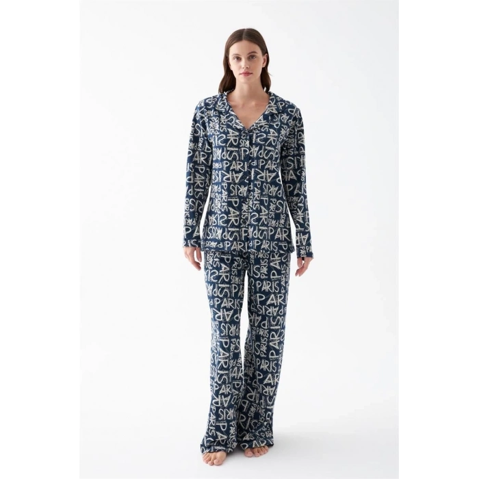 MİRAY- Kadın Lacivert “Paris” Yazı Desenli Düğmeli Pamuklu Pijama Takımı