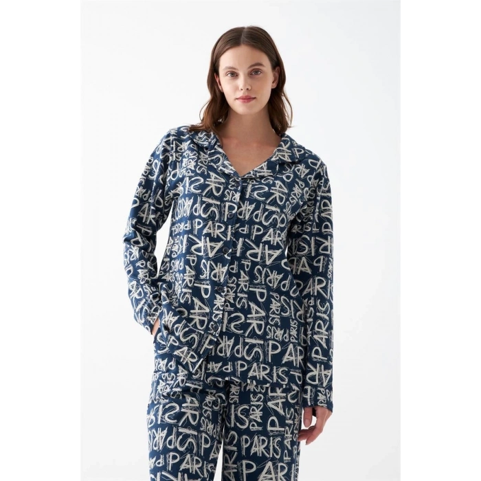 MİRAY- Kadın Lacivert “Paris” Yazı Desenli Düğmeli Pamuklu Pijama Takımı