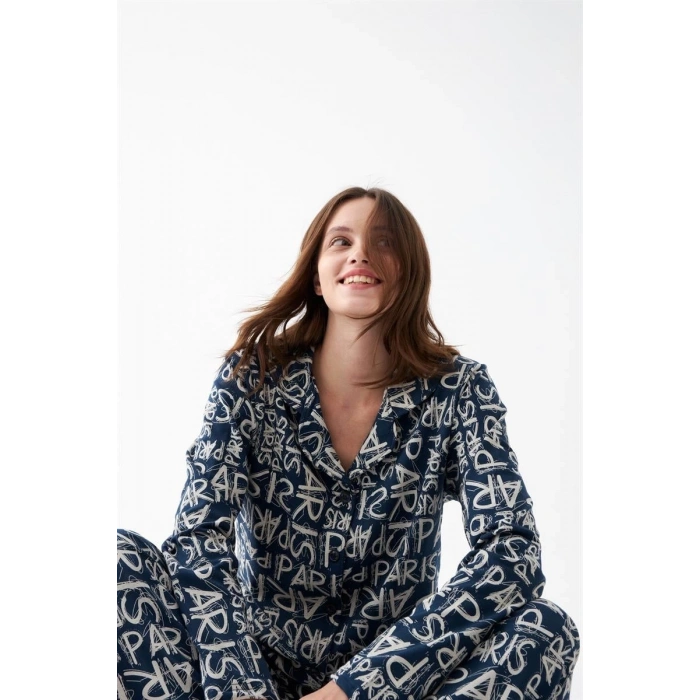 MİRAY- Kadın Lacivert “Paris” Yazı Desenli Düğmeli Pamuklu Pijama Takımı