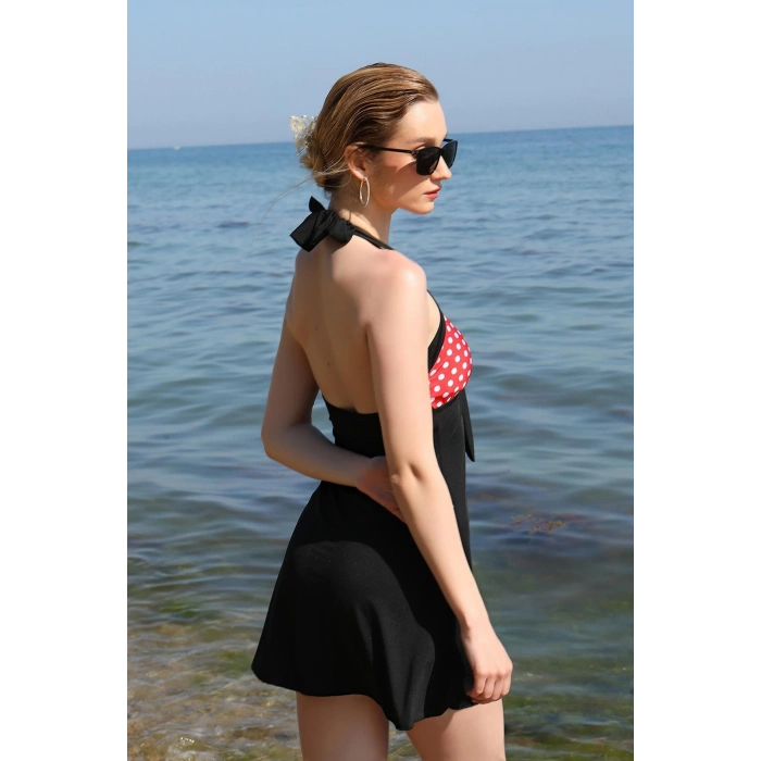 MİRAY- Kadın Likralı Şortlu Fiyonklu Elbise Mayo Kırmızı