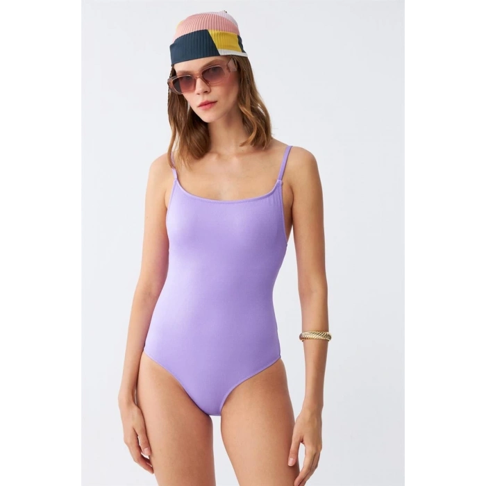 MİRAY- Kadın Lila Minimal Askılı Tek Parça Mayo