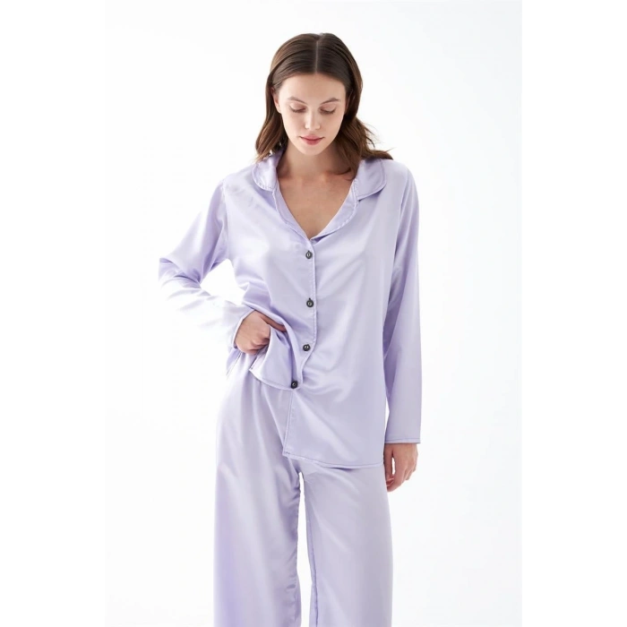 MİRAY- Kadın Lila Oversize Saten Pijama Takımı – Rahat Kesim Şık Ev Giyim Seti