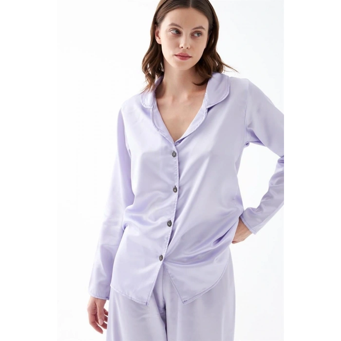 MİRAY- Kadın Lila Oversize Saten Pijama Takımı – Rahat Kesim Şık Ev Giyim Seti