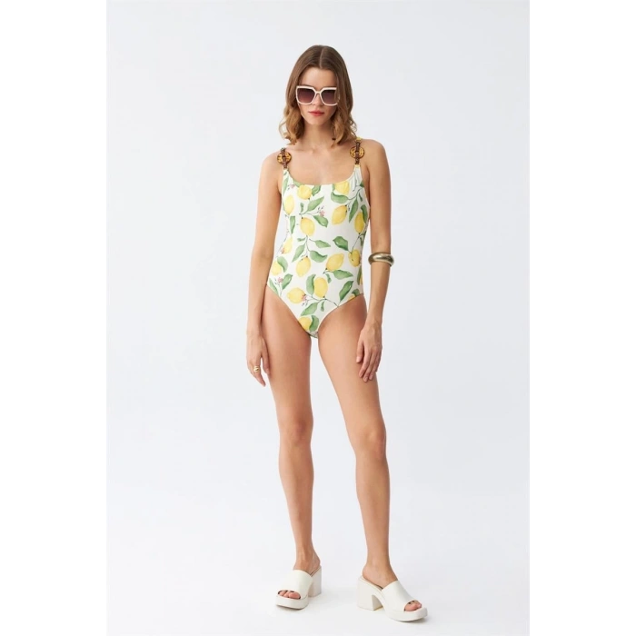 MİRAY- Kadın Limon Desenli Aksesuar Askılı Tek Parça Mayo – Ekru